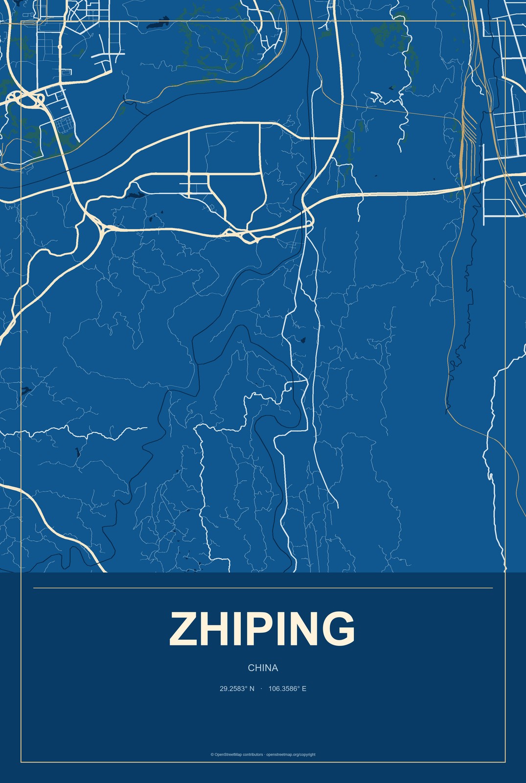 Zhiping, China City Map Aluminum Sign in Harbor Cobalt style