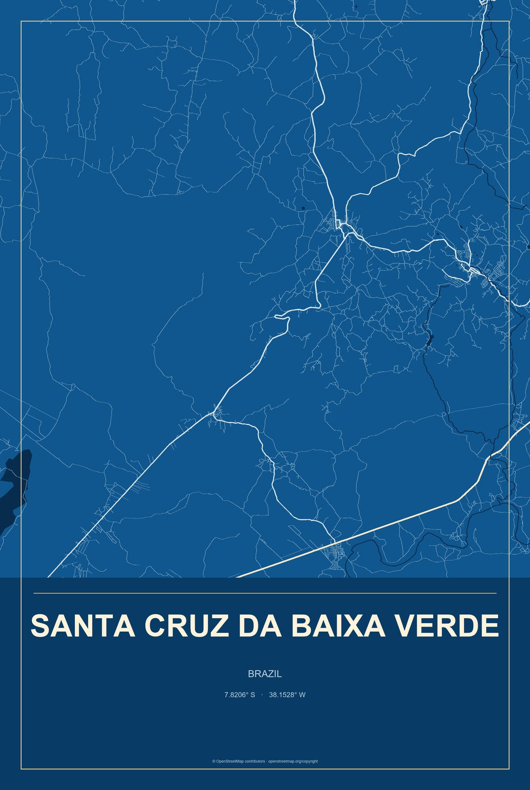 Santa Cruz da Baixa Verde, Brazil City Map Aluminum Sign in Harbor Cobalt style