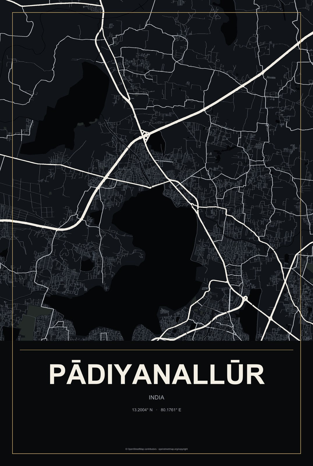 Pādiyanallūr, India City Map Aluminum Sign in Metropolitan Noir style