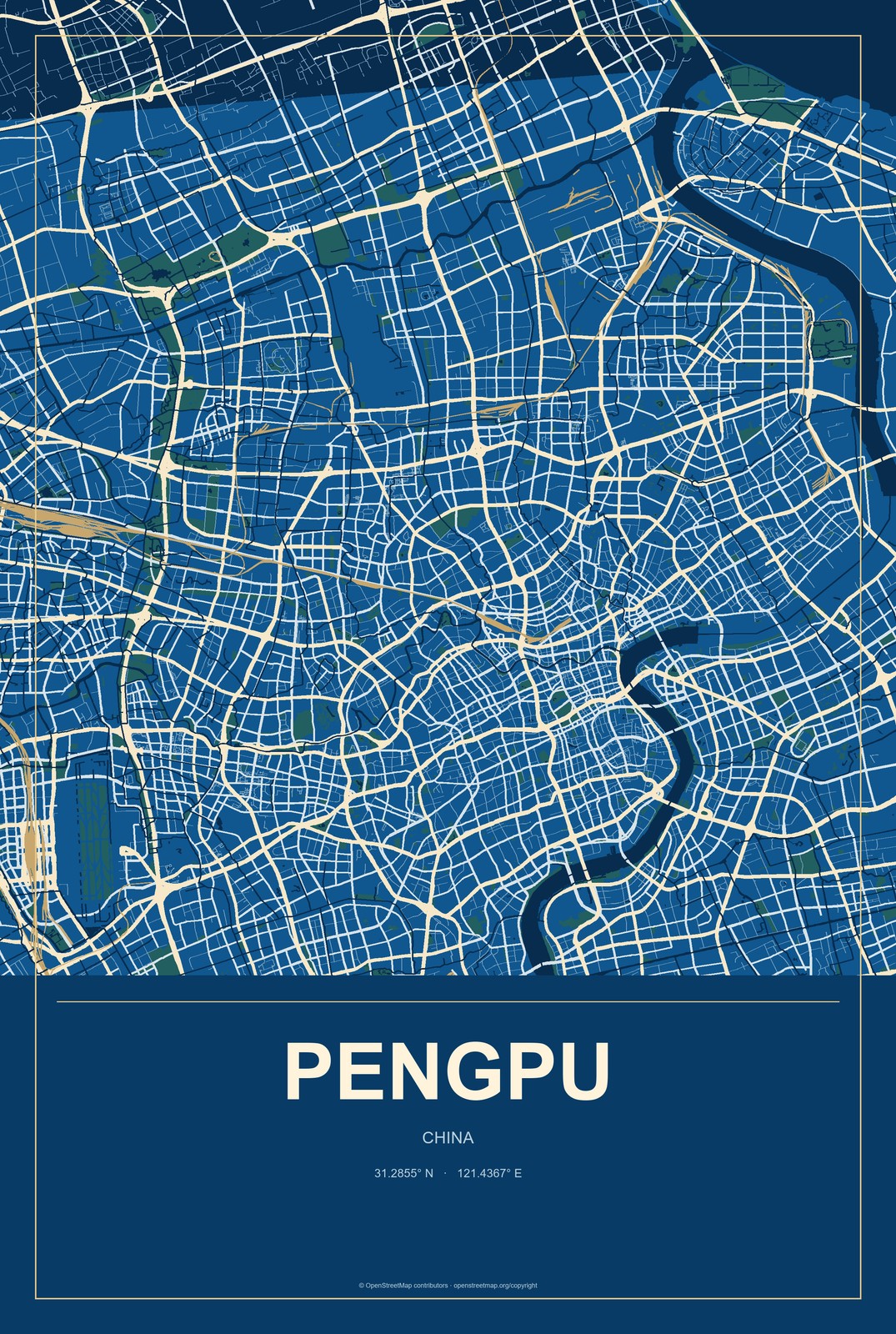Pengpu, China City Map Aluminum Sign in Harbor Cobalt style