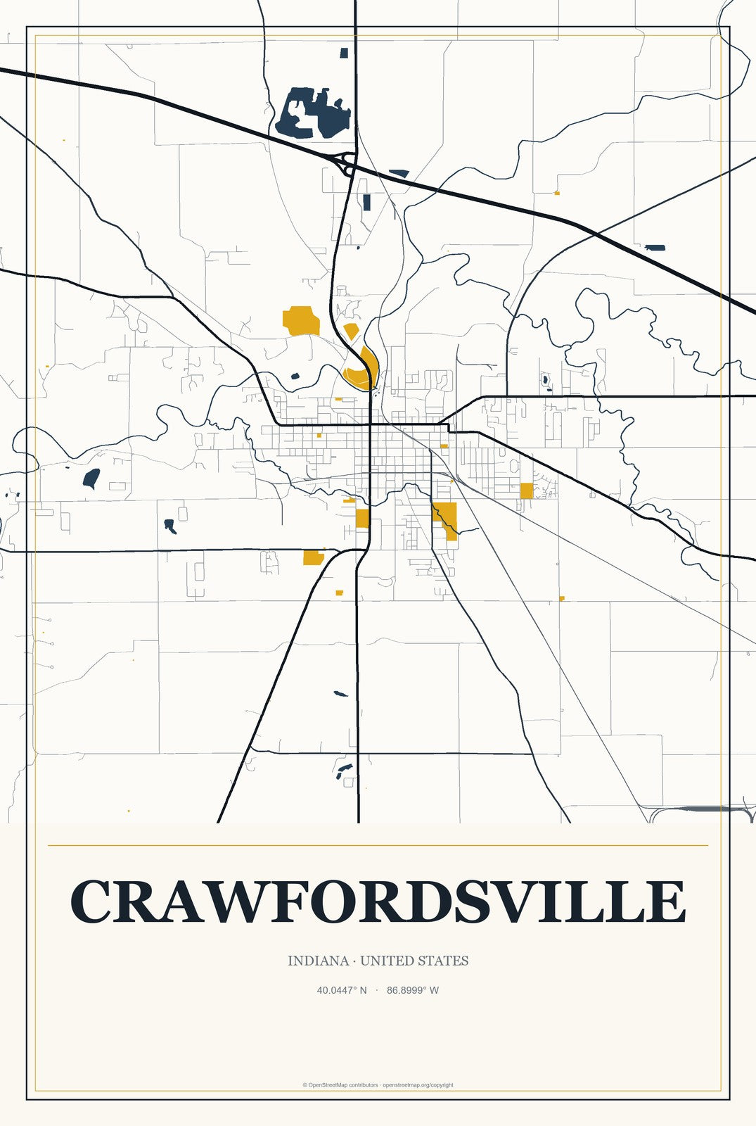 Crawfordsville, Indiana City Map Aluminum Sign in Citrine Modern style