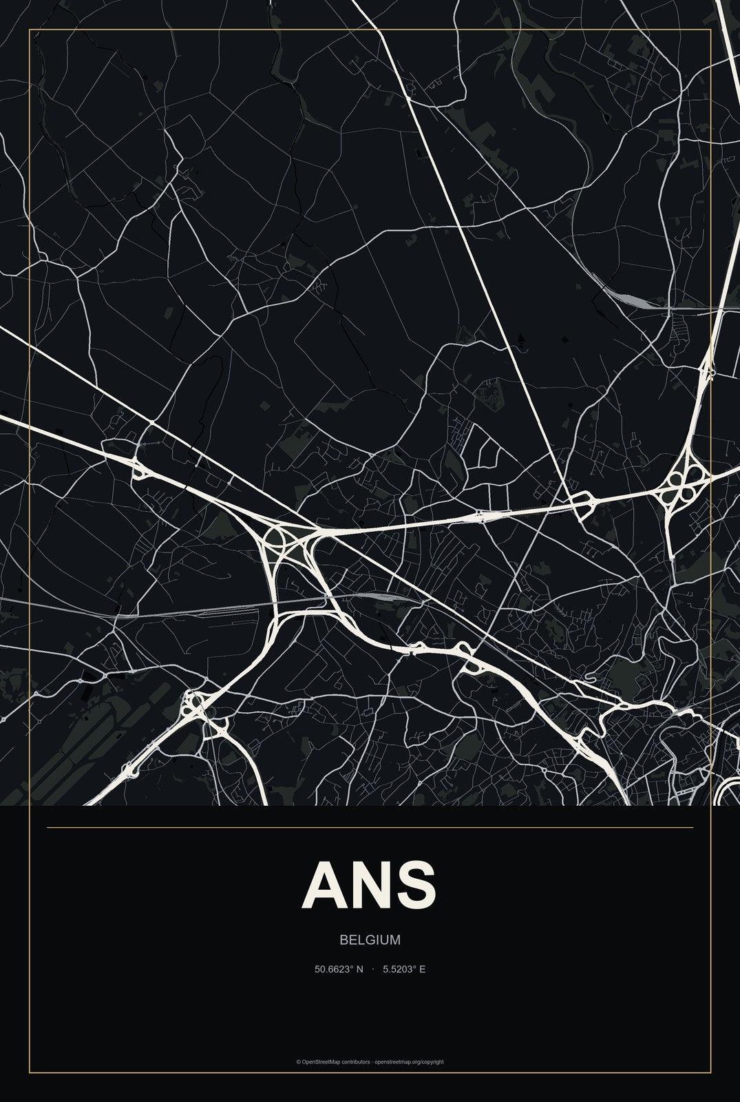 Ans, Belgium City Map Aluminum Sign in Metropolitan Noir style