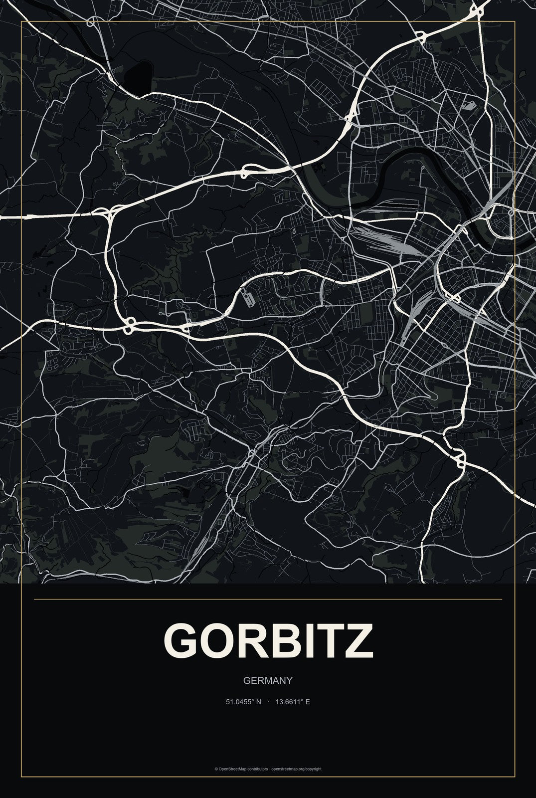 Gorbitz, Germany City Map Aluminum Sign in Metropolitan Noir style