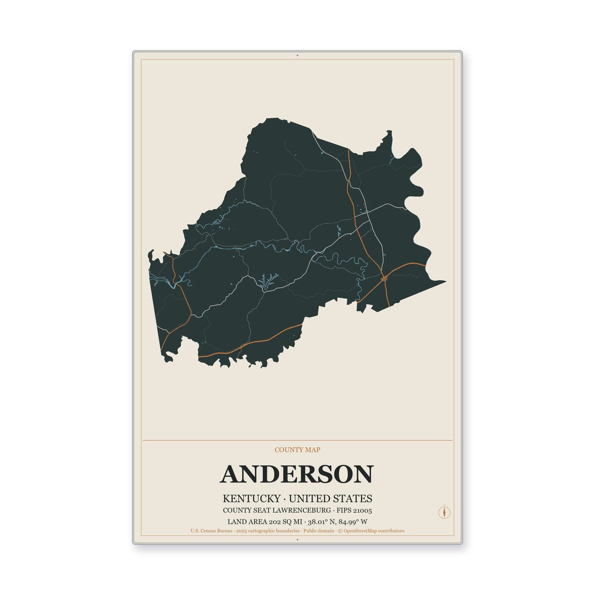 Anderson County, Kentucky Map Aluminum Sign in Headline Atlas style