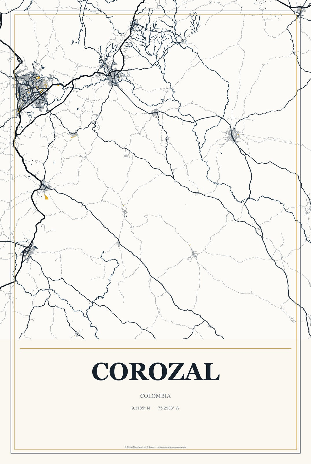 Corozal, Colombia City Map Aluminum Sign in Citrine Modern style
