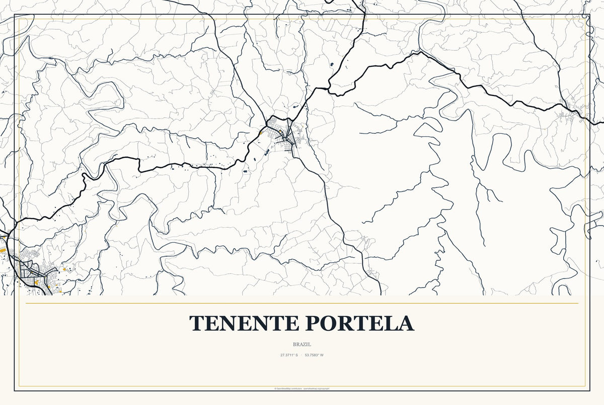 Tenente Portela, Brazil City Map Aluminum Sign in Citrine Modern style