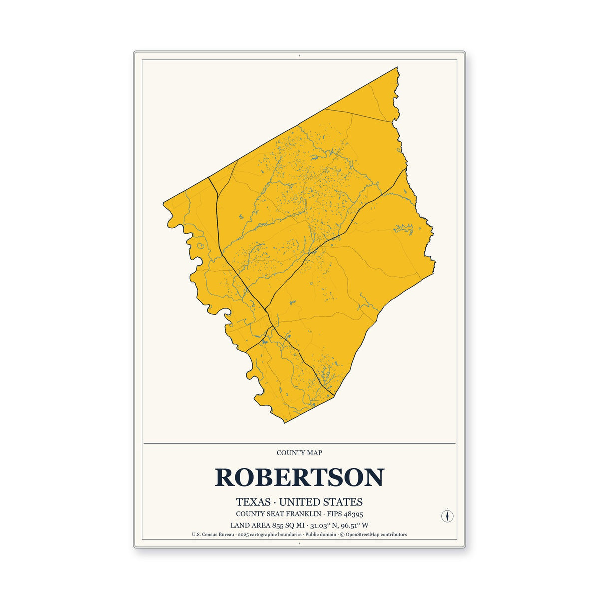 Robertson County, Texas Map Aluminum Sign in Citrine Modern style