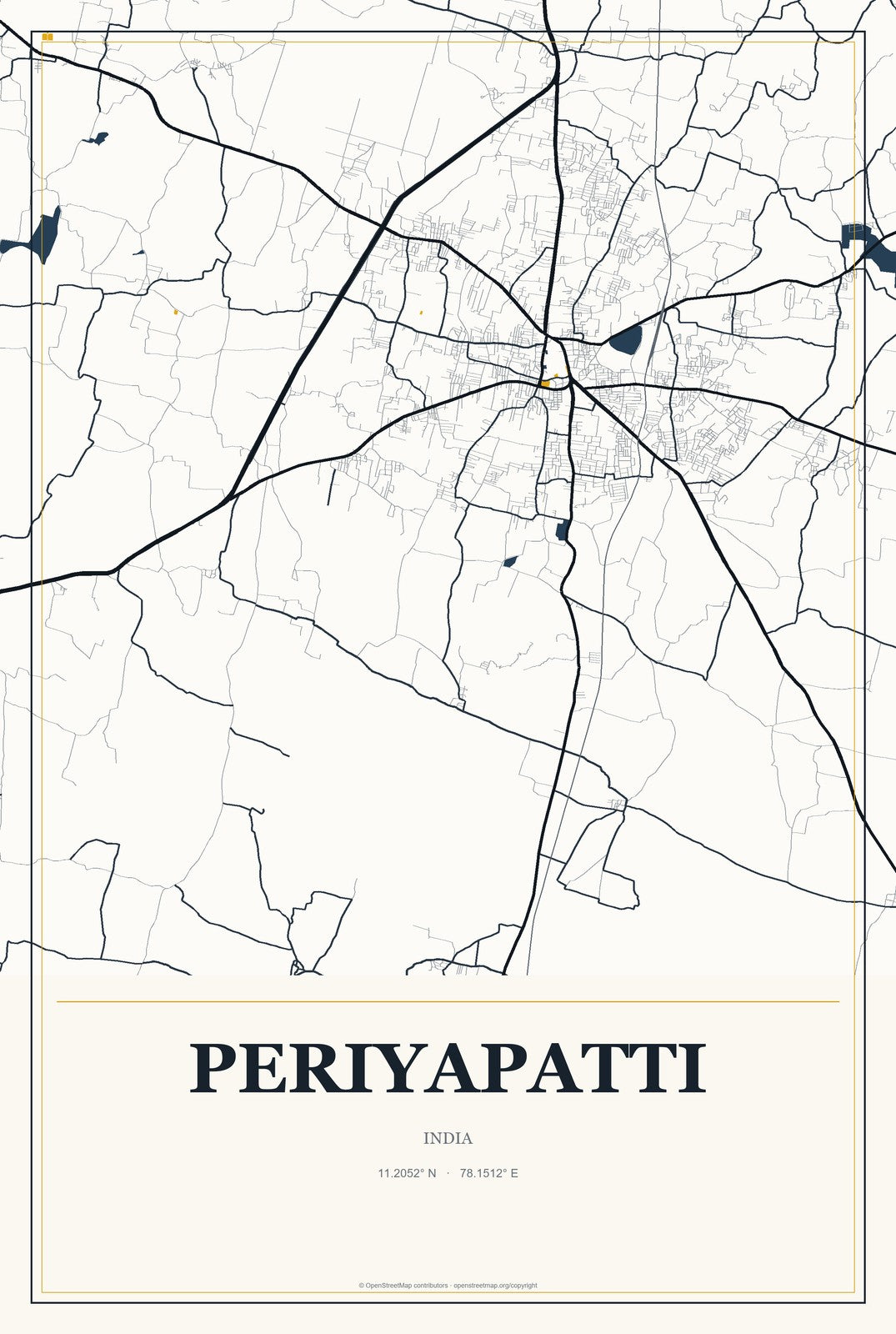 Periyapatti, India City Map Aluminum Sign in Citrine Modern style