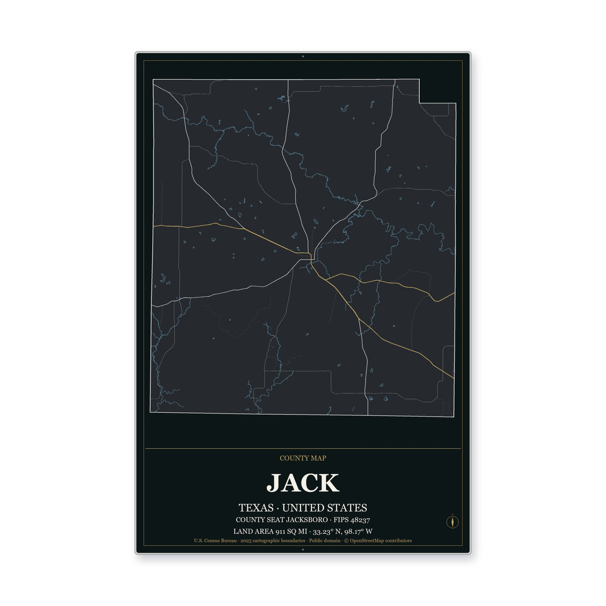 Jack County, Texas Map Aluminum Sign in Metropolitan Noir style