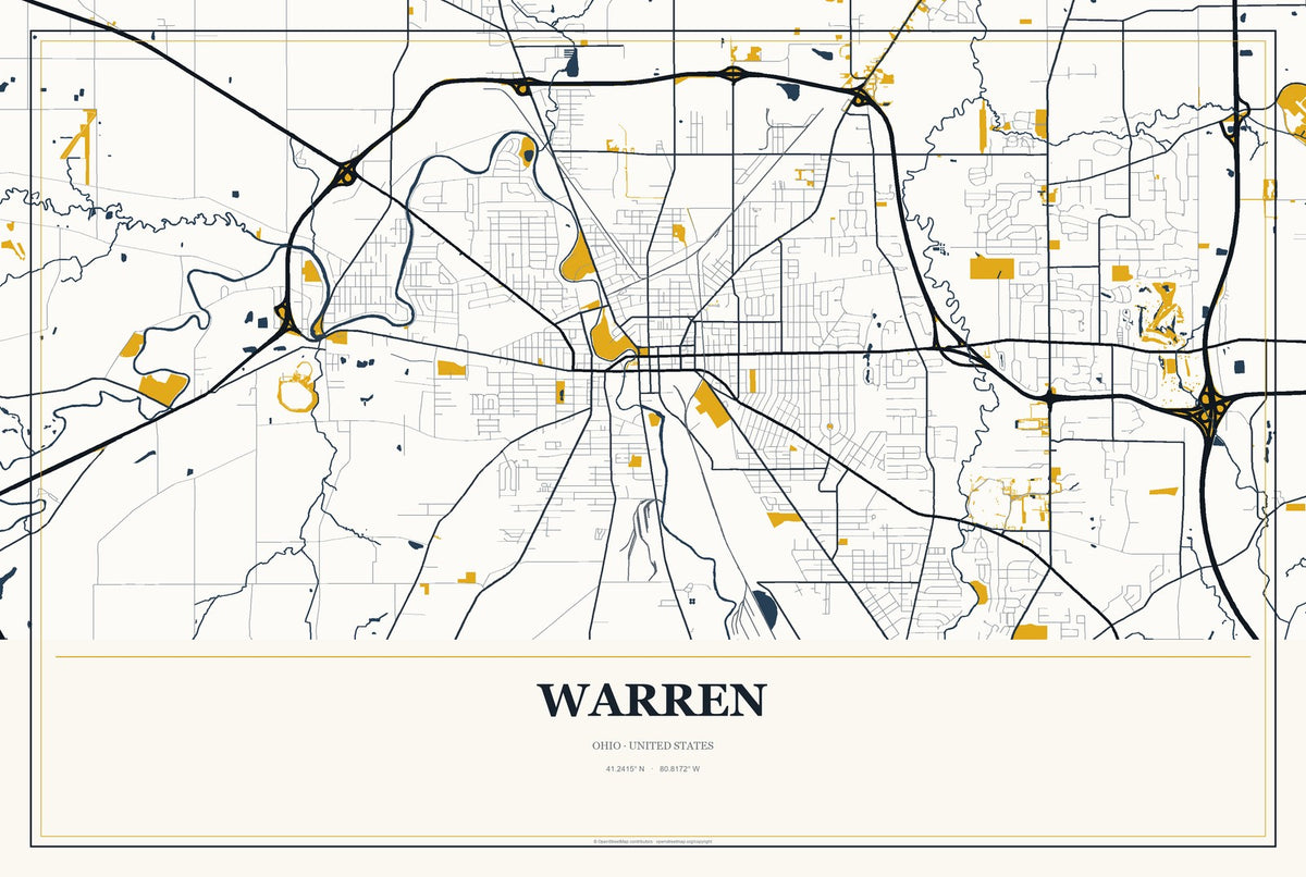 Warren, Ohio City Map Aluminum Sign in Citrine Modern style