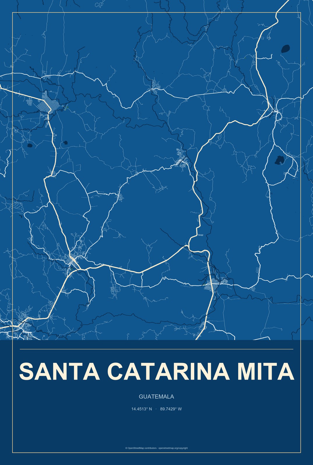 Santa Catarina Mita, Guatemala City Map Aluminum Sign in Harbor Cobalt style