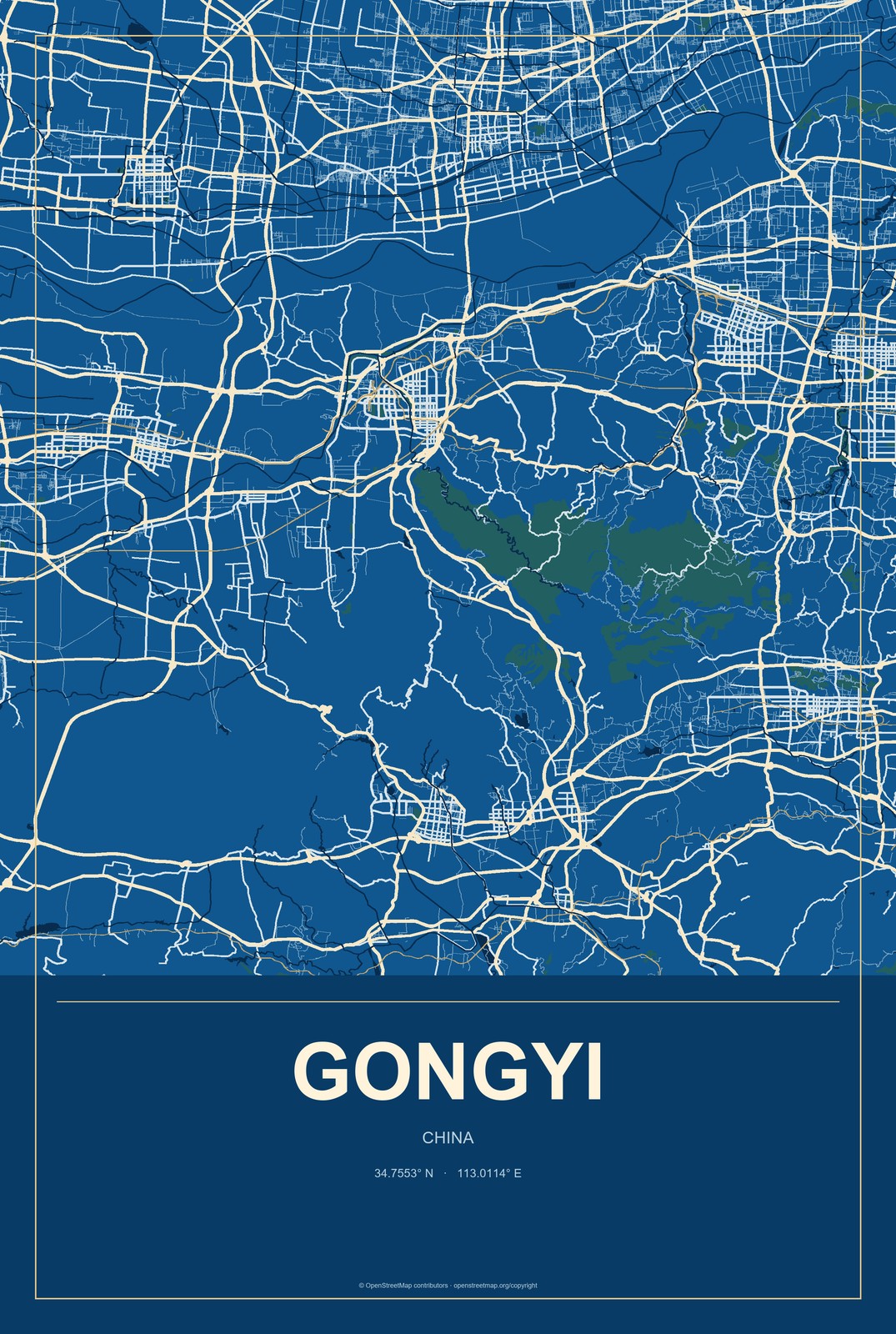 Gongyi, China City Map Aluminum Sign in Harbor Cobalt style