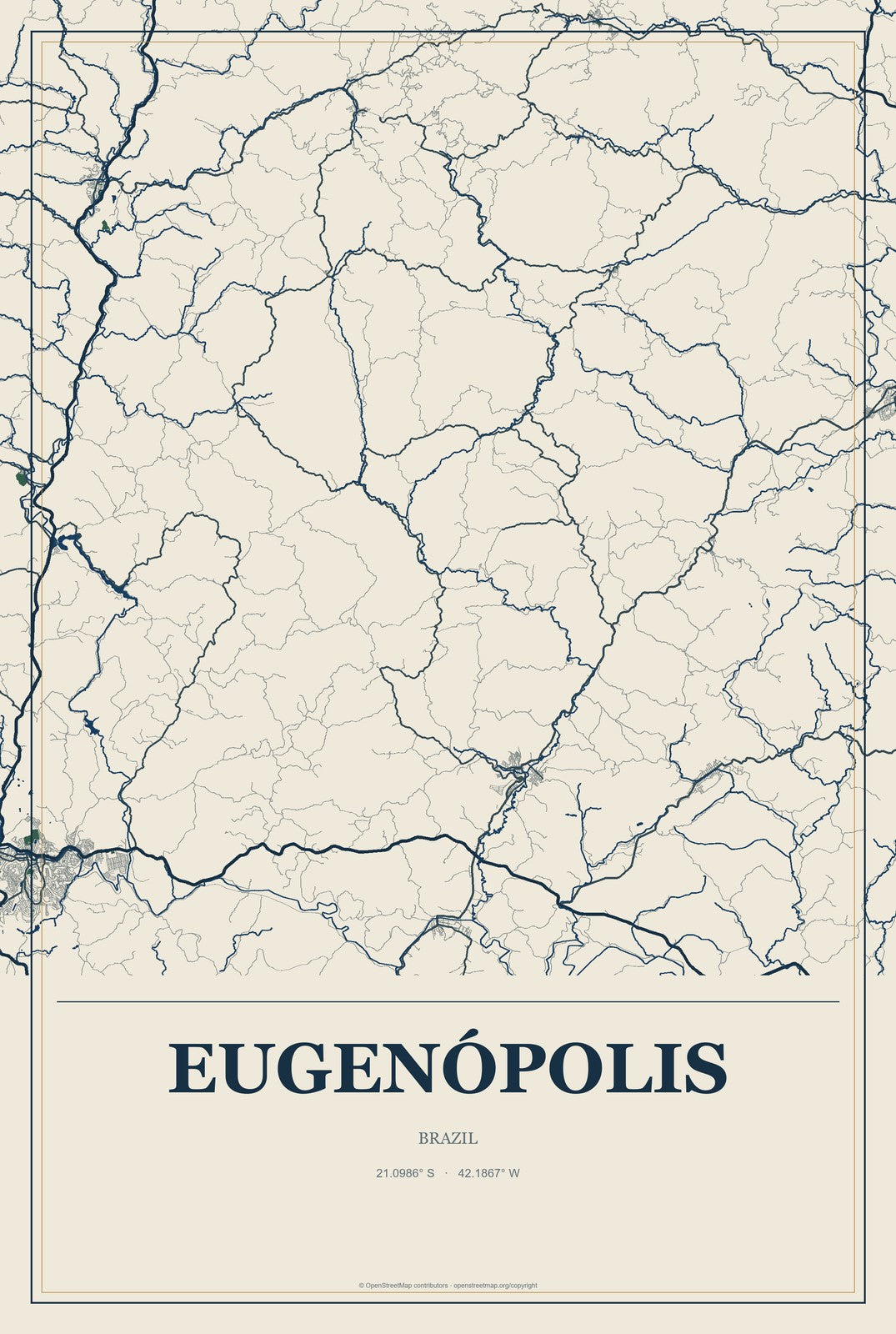 Eugenópolis, Brazil City Map Aluminum Sign in Coastal Cutout style