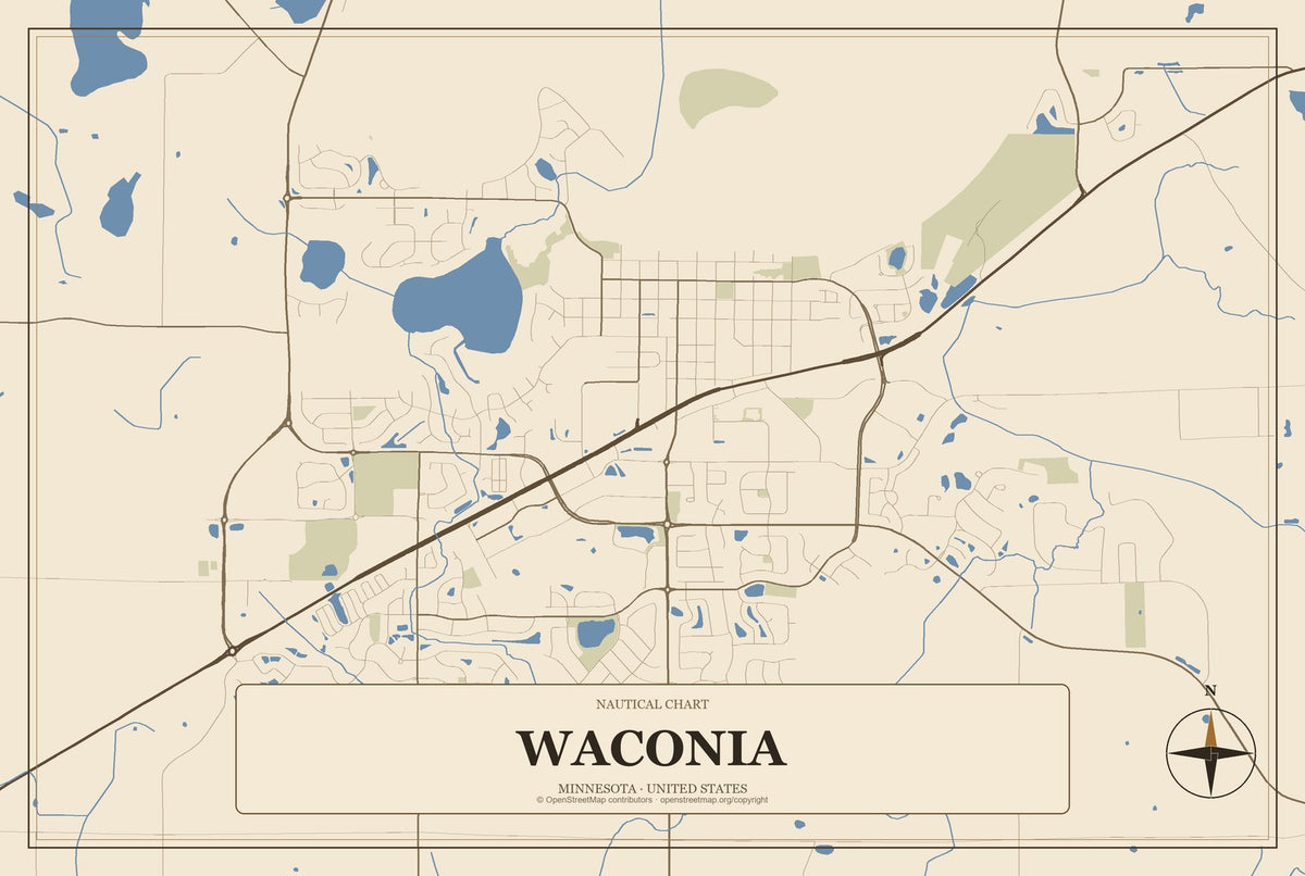 Waconia, Minnesota City Map Aluminum Sign in Heritage Nautical style