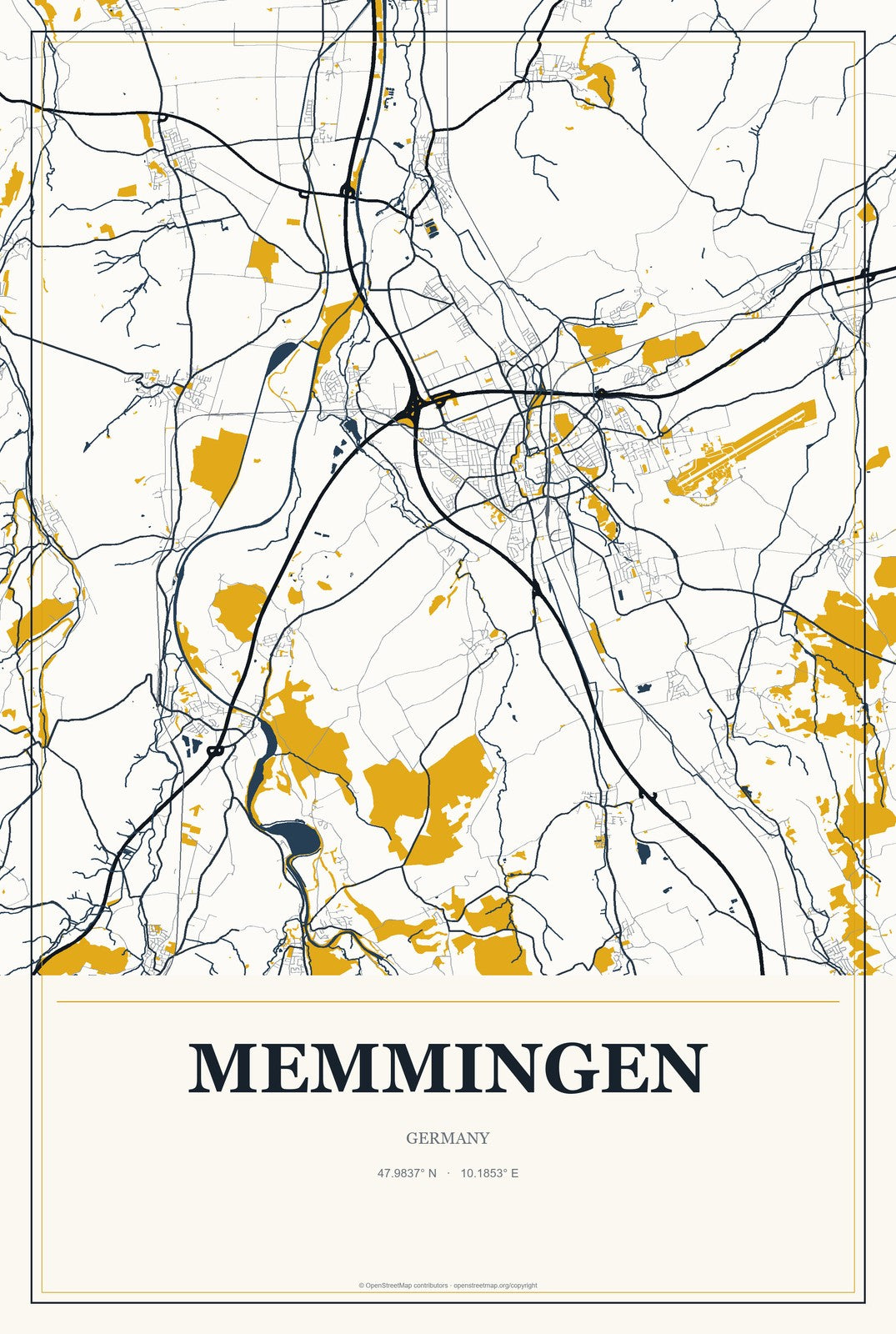 Memmingen, Germany City Map Aluminum Sign in Citrine Modern style