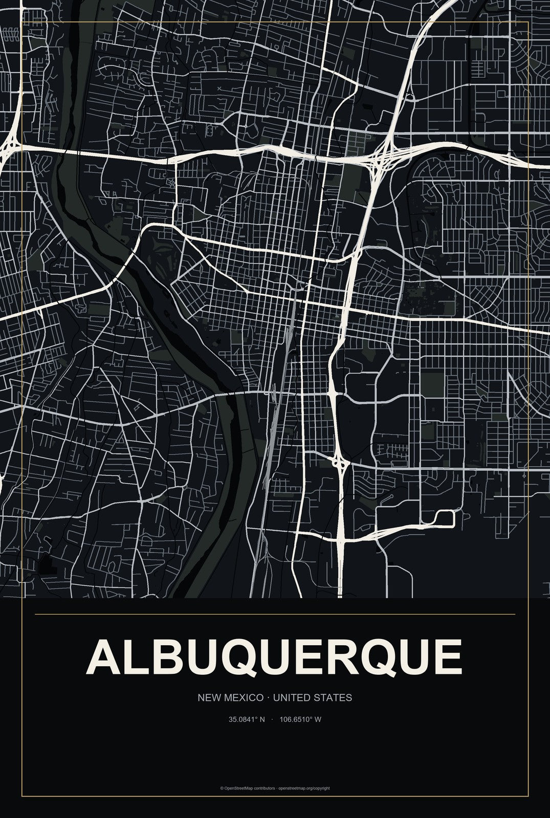 Albuquerque, New Mexico City Map Aluminum Sign in Metropolitan Noir style