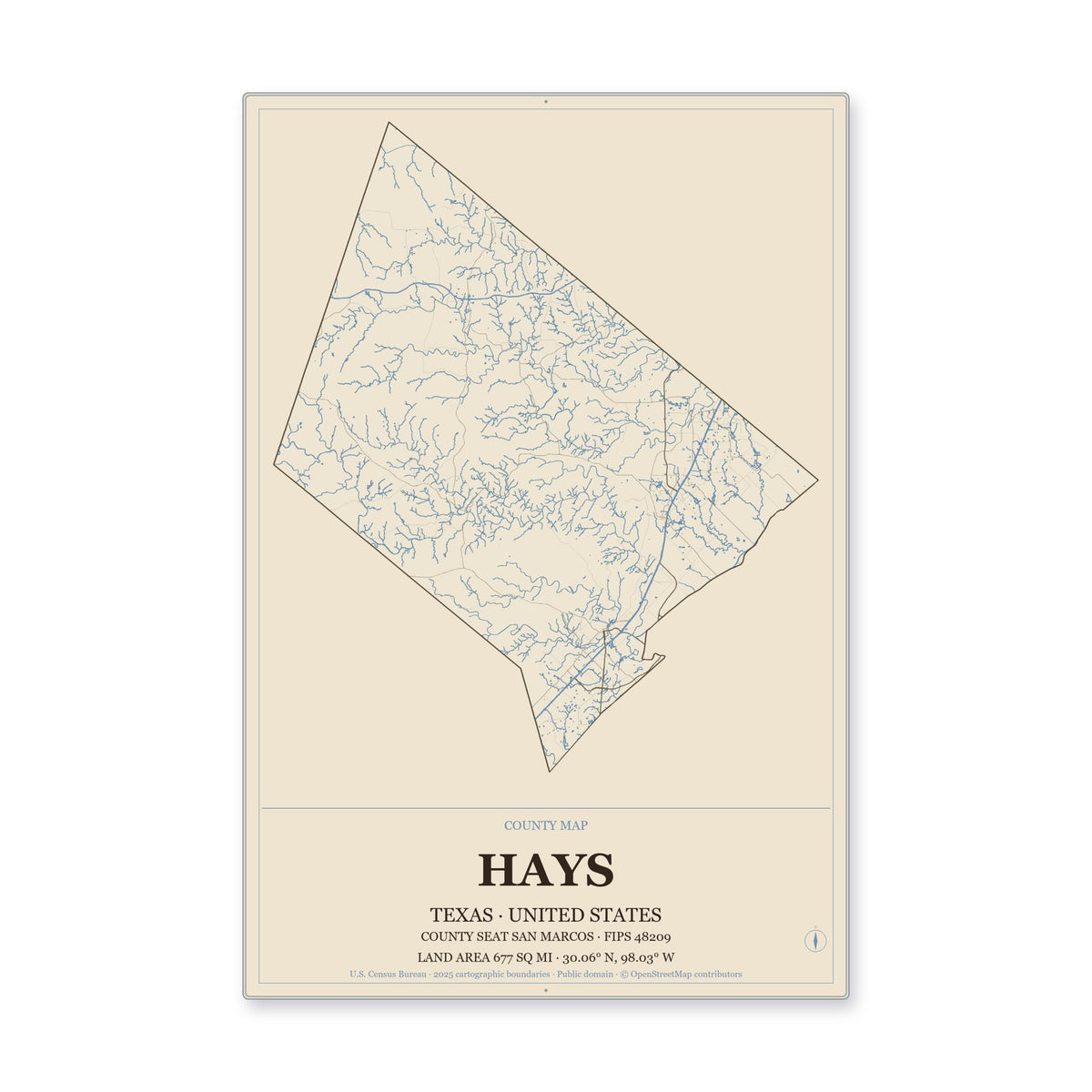 Hays County, Texas Map Aluminum Sign in Heritage Nautical style