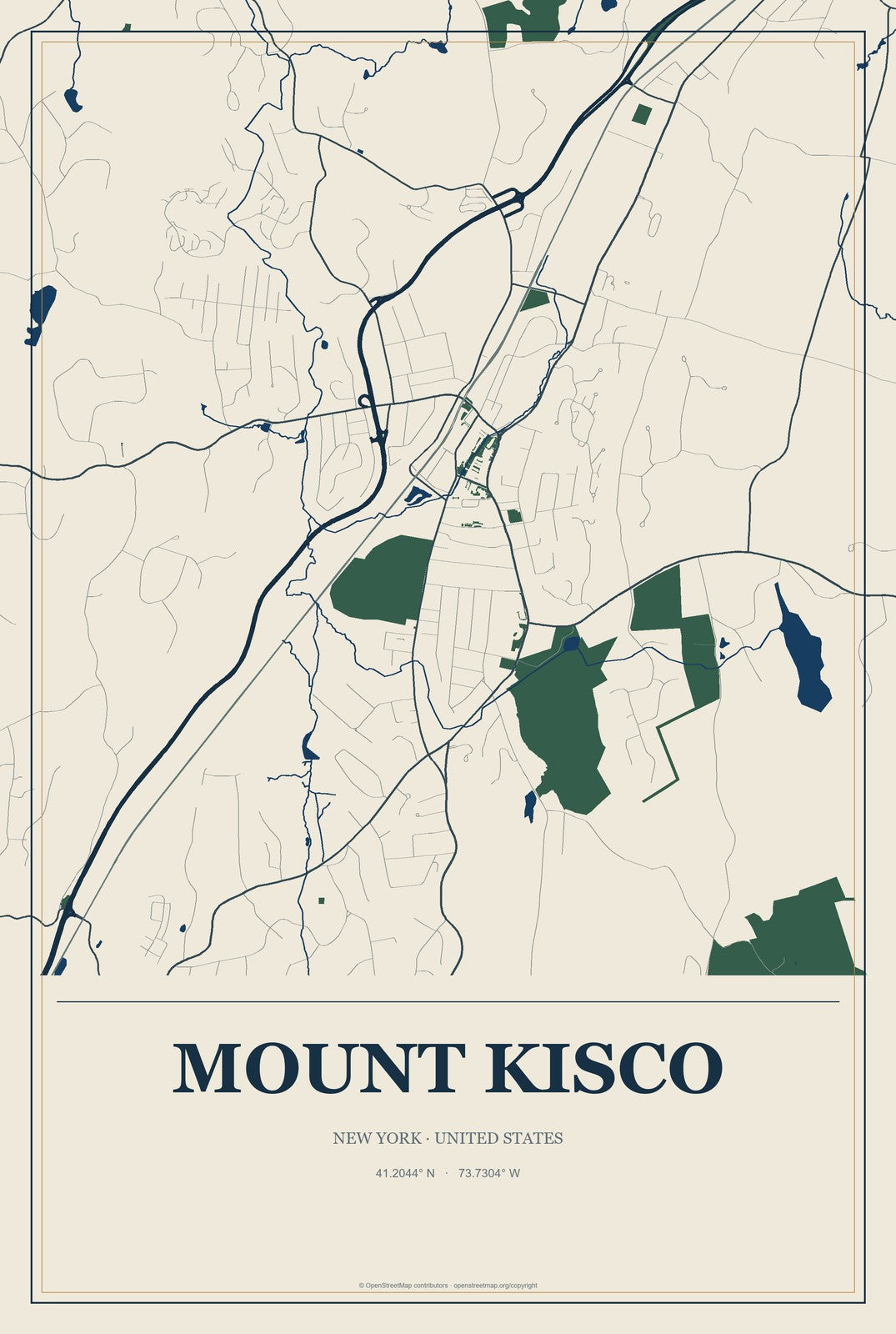Mount Kisco, New York City Map Aluminum Sign in Coastal Cutout style