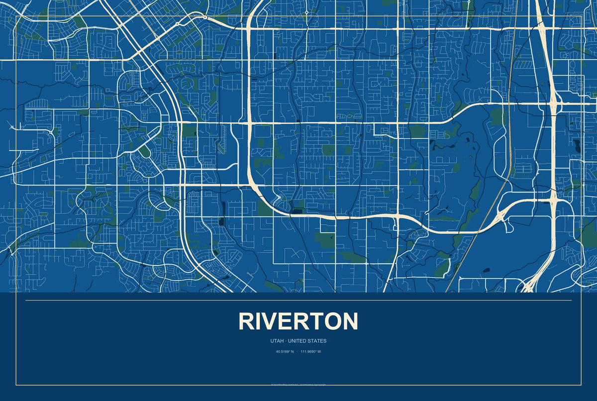 Riverton, Utah City Map Aluminum Sign in Harbor Cobalt style