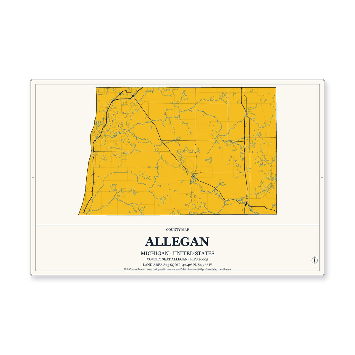 Allegan County, Michigan Map Aluminum Sign in Citrine Modern style