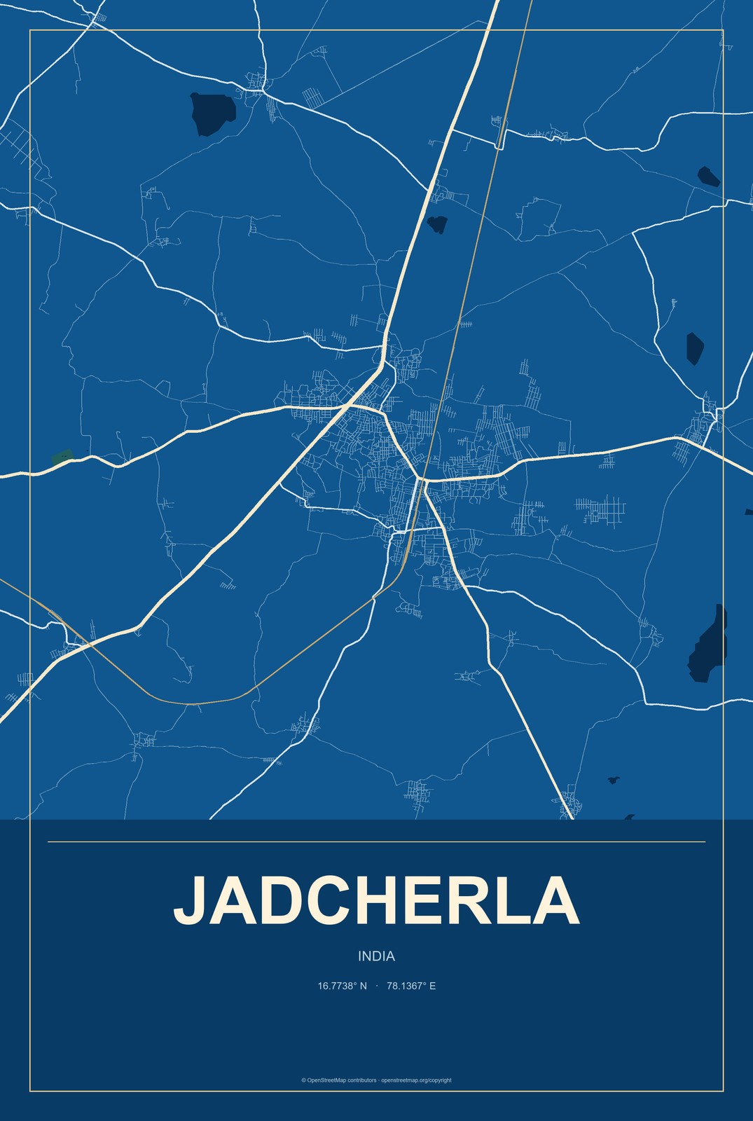 Jadcherla, India City Map Aluminum Sign in Harbor Cobalt style