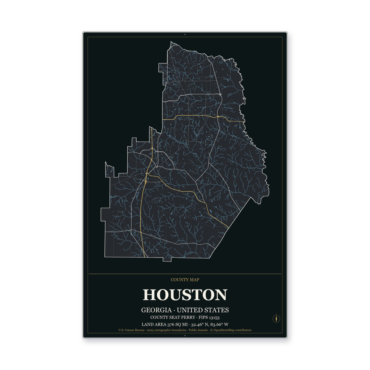 Houston County, Georgia Map Aluminum Sign in Metropolitan Noir style