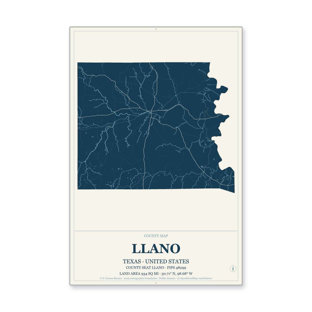 Llano County, Texas Map Aluminum Sign in Coastal Cutout style