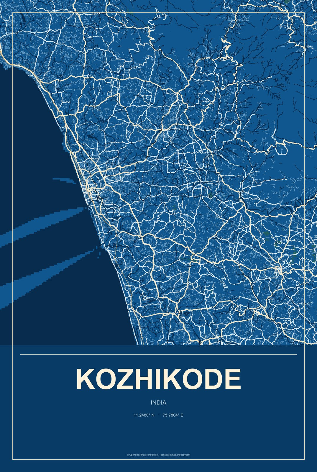 Kozhikode, India City Map Aluminum Sign in Harbor Cobalt style