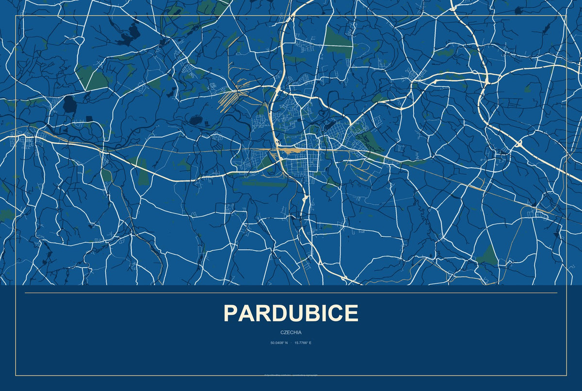 Pardubice, Czechia City Map Aluminum Sign in Harbor Cobalt style