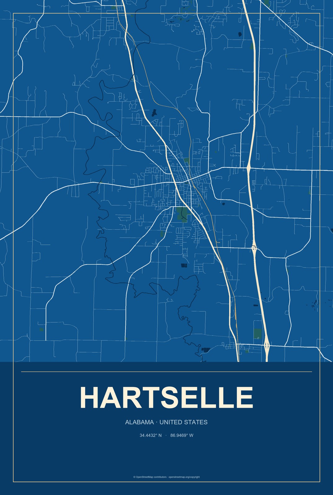 Hartselle, Alabama City Map Aluminum Sign in Harbor Cobalt style