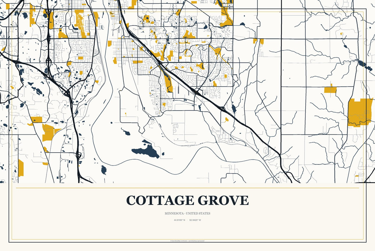 Cottage Grove, Minnesota City Map Aluminum Sign in Citrine Modern style
