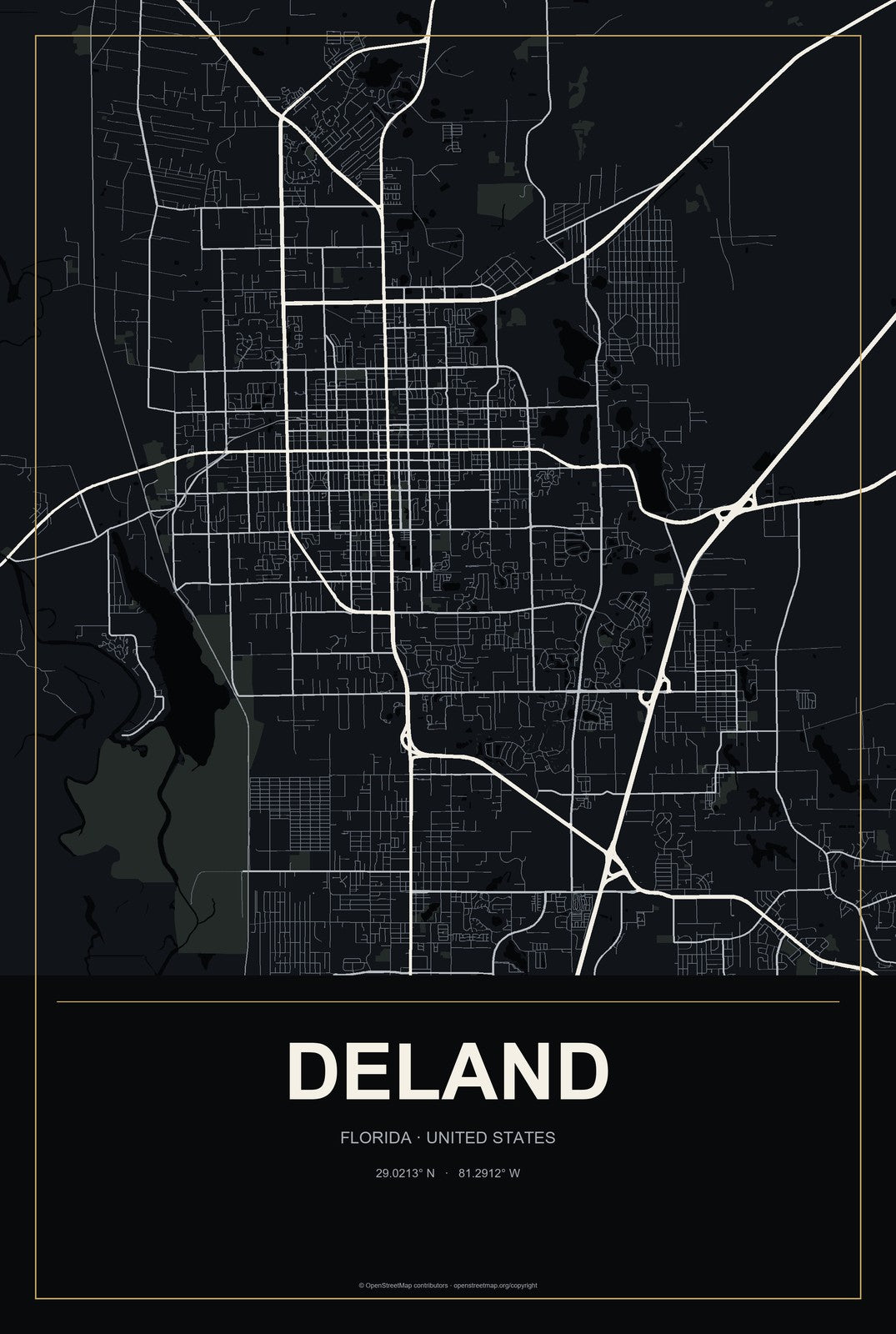 DeLand, Florida City Map Aluminum Sign in Metropolitan Noir style