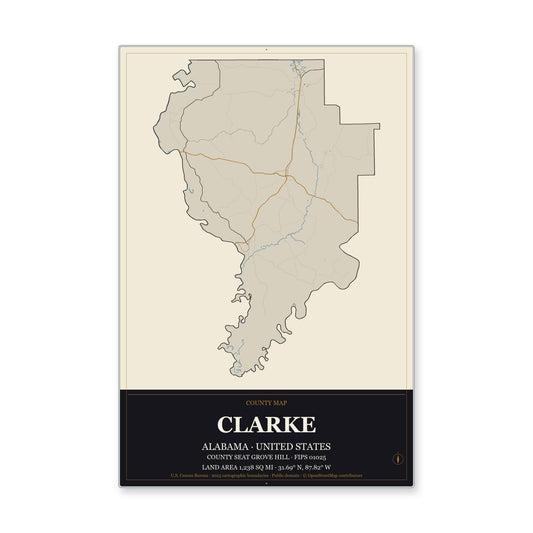 Clarke County, Alabama Map Aluminum Sign in Museum Plaque style
