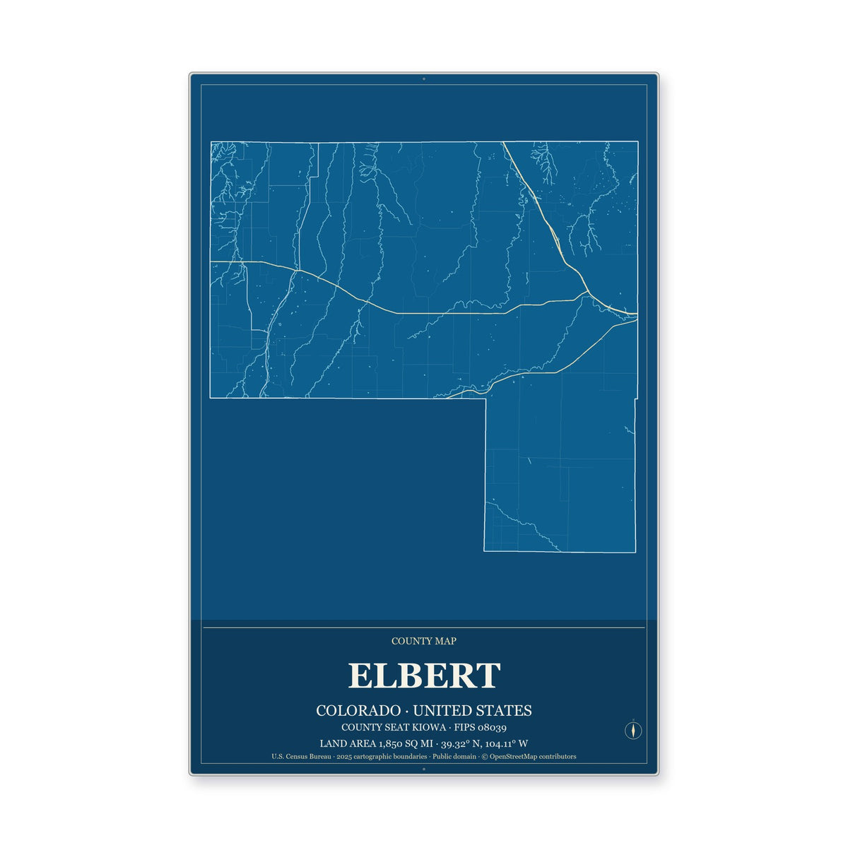 Elbert County, Colorado Map Aluminum Sign in Harbor Cobalt style