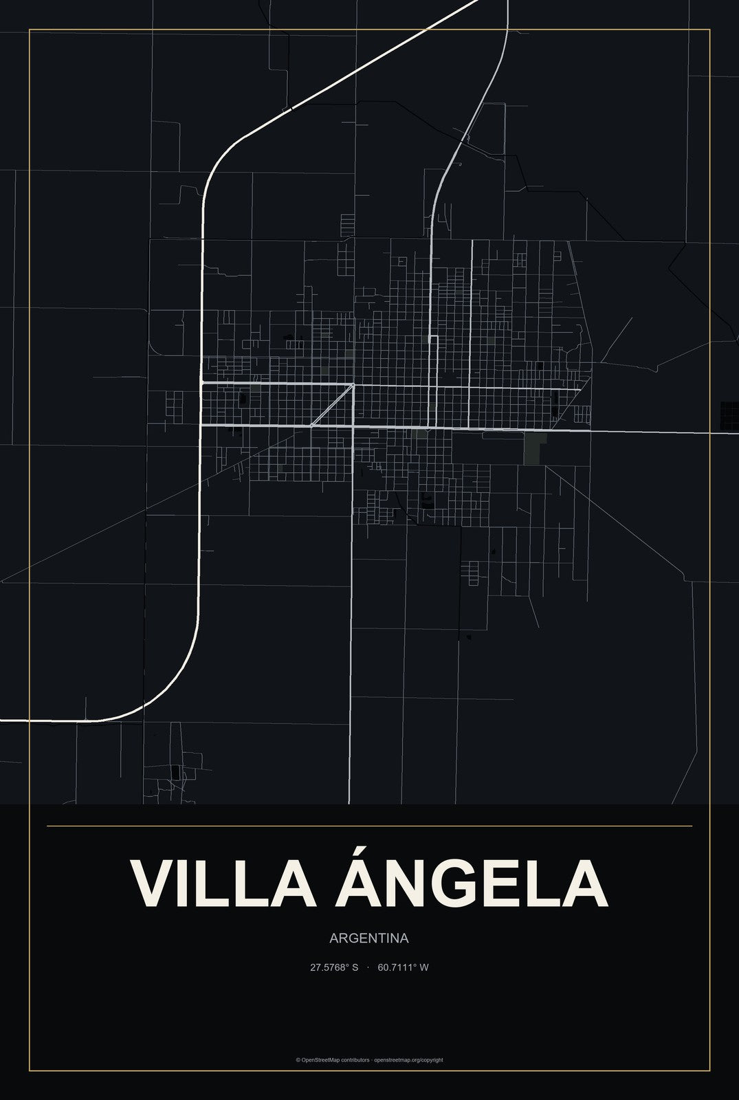 Villa Ángela, Argentina City Map Aluminum Sign in Metropolitan Noir style
