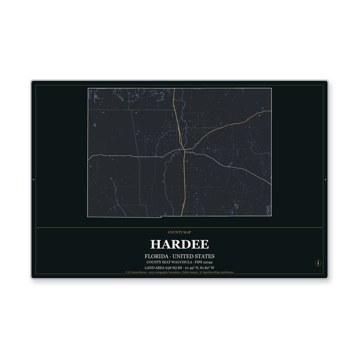 Hardee County, Florida Map Aluminum Sign in Metropolitan Noir style