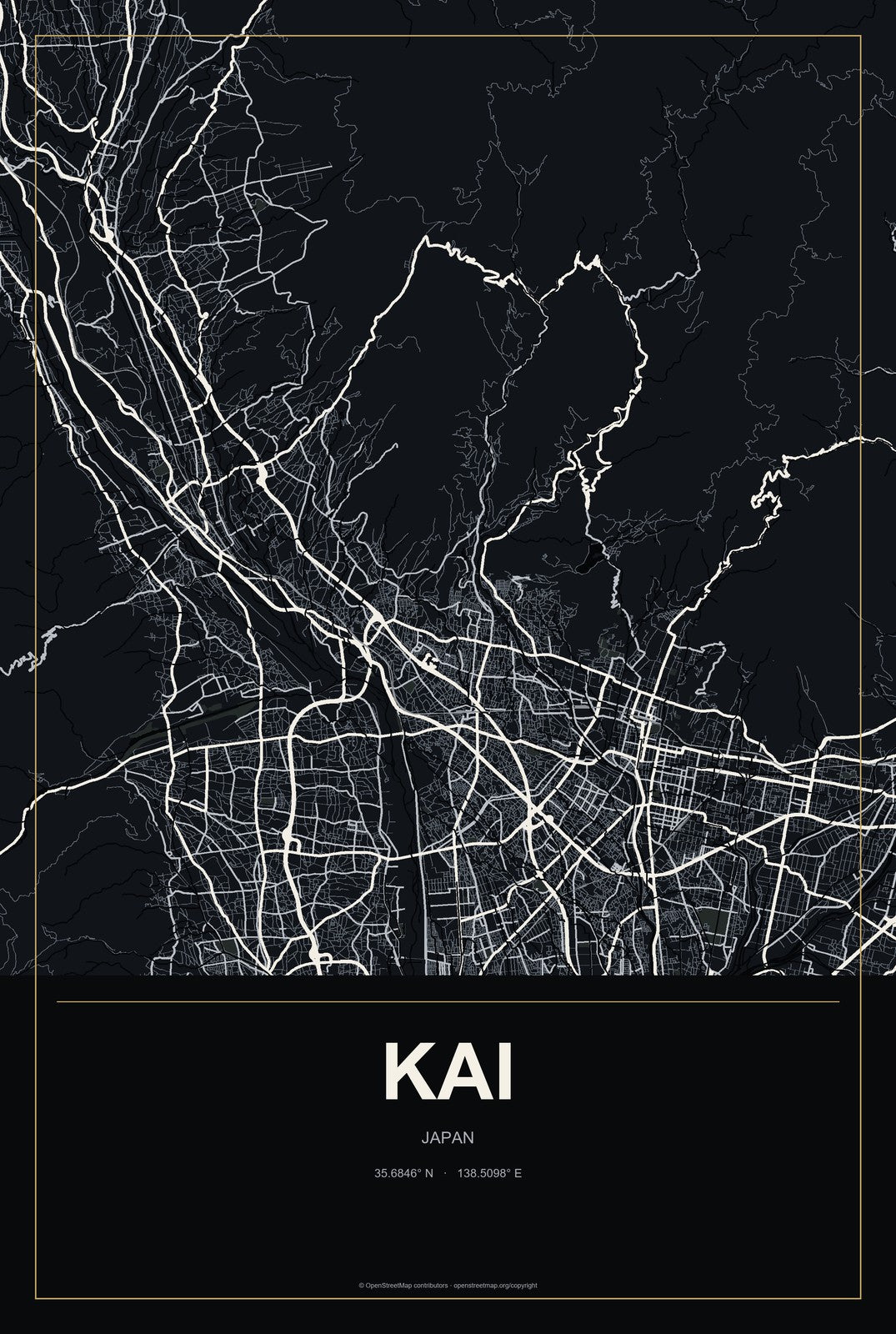 Kai, Japan City Map Aluminum Sign in Metropolitan Noir style