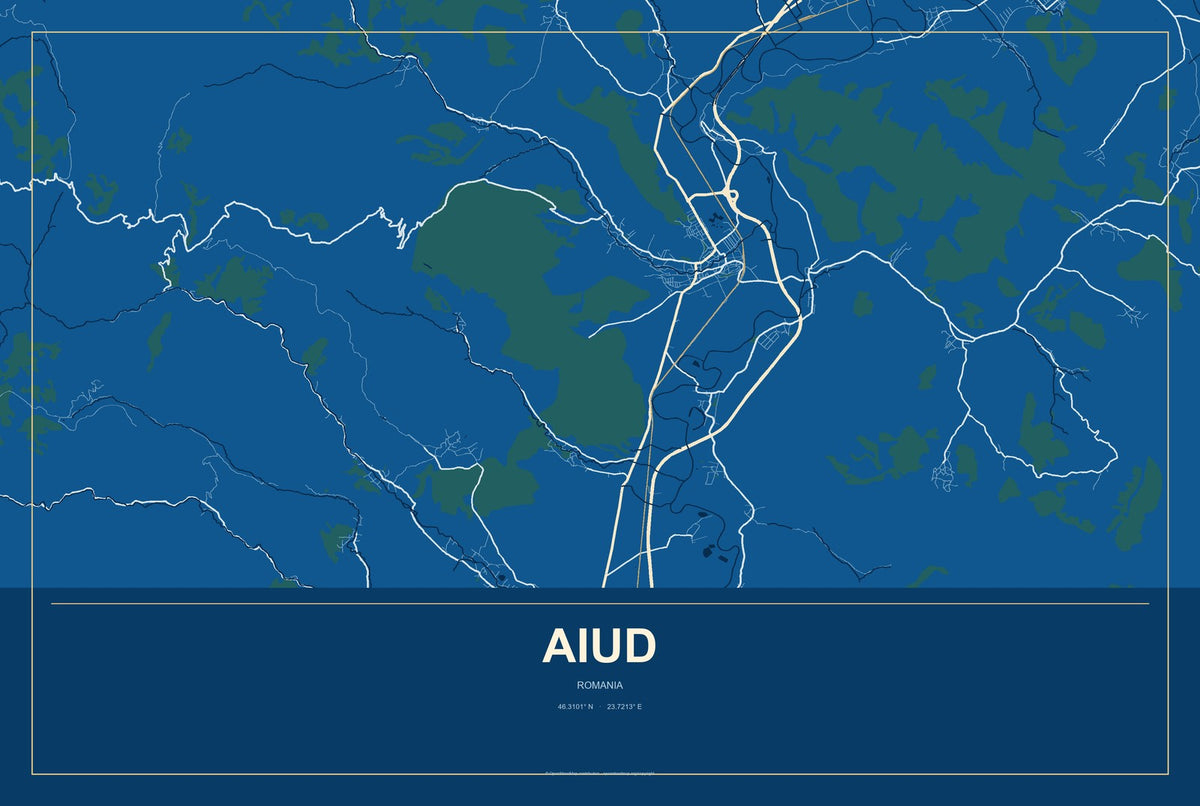 Aiud, Romania City Map Aluminum Sign in Harbor Cobalt style