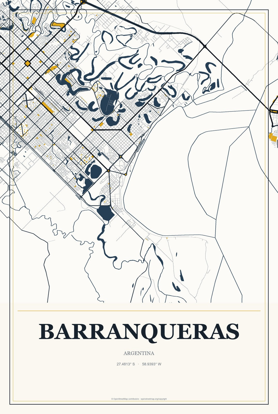 Barranqueras, Argentina City Map Aluminum Sign in Citrine Modern style