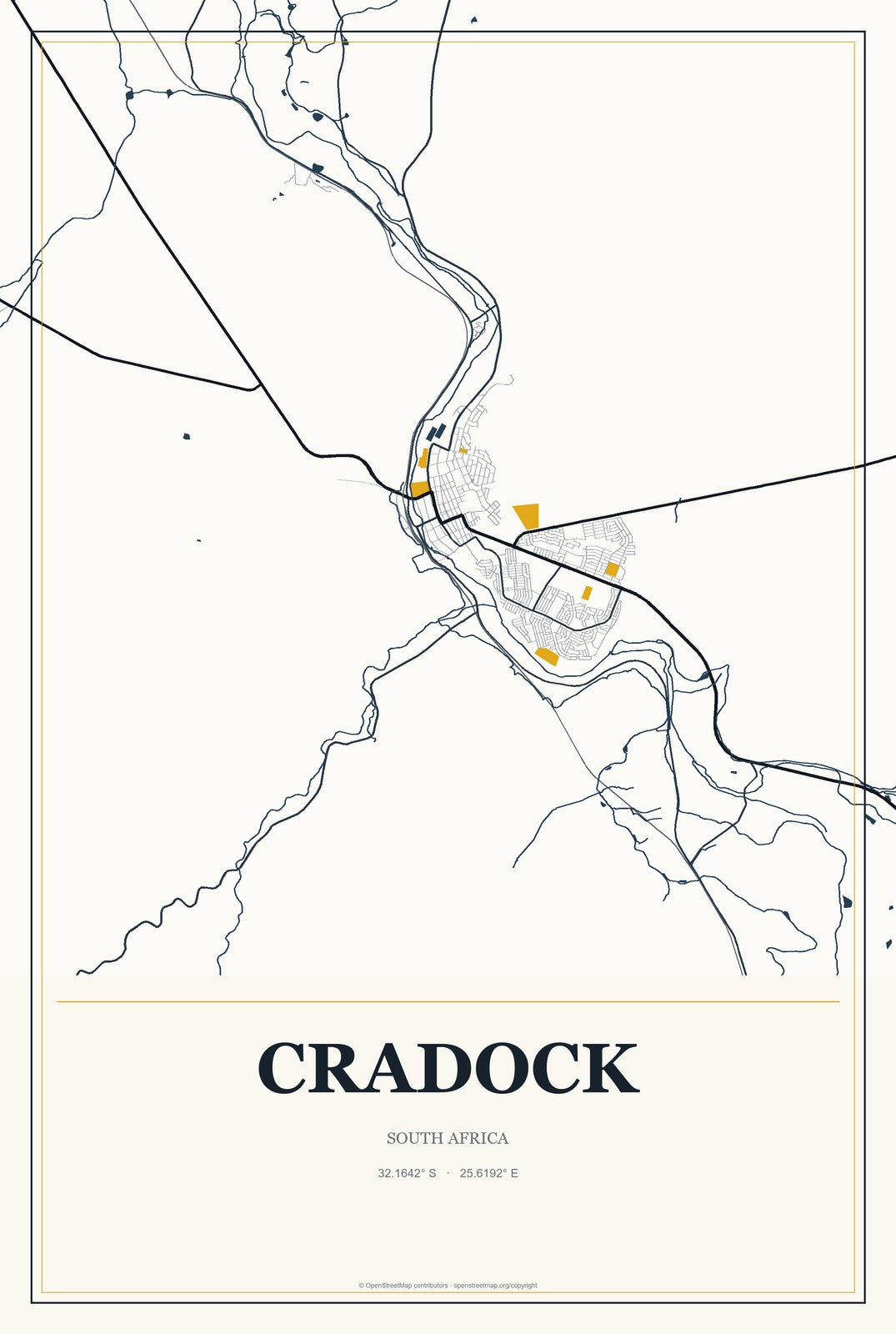 Cradock, South Africa City Map Aluminum Sign in Citrine Modern style