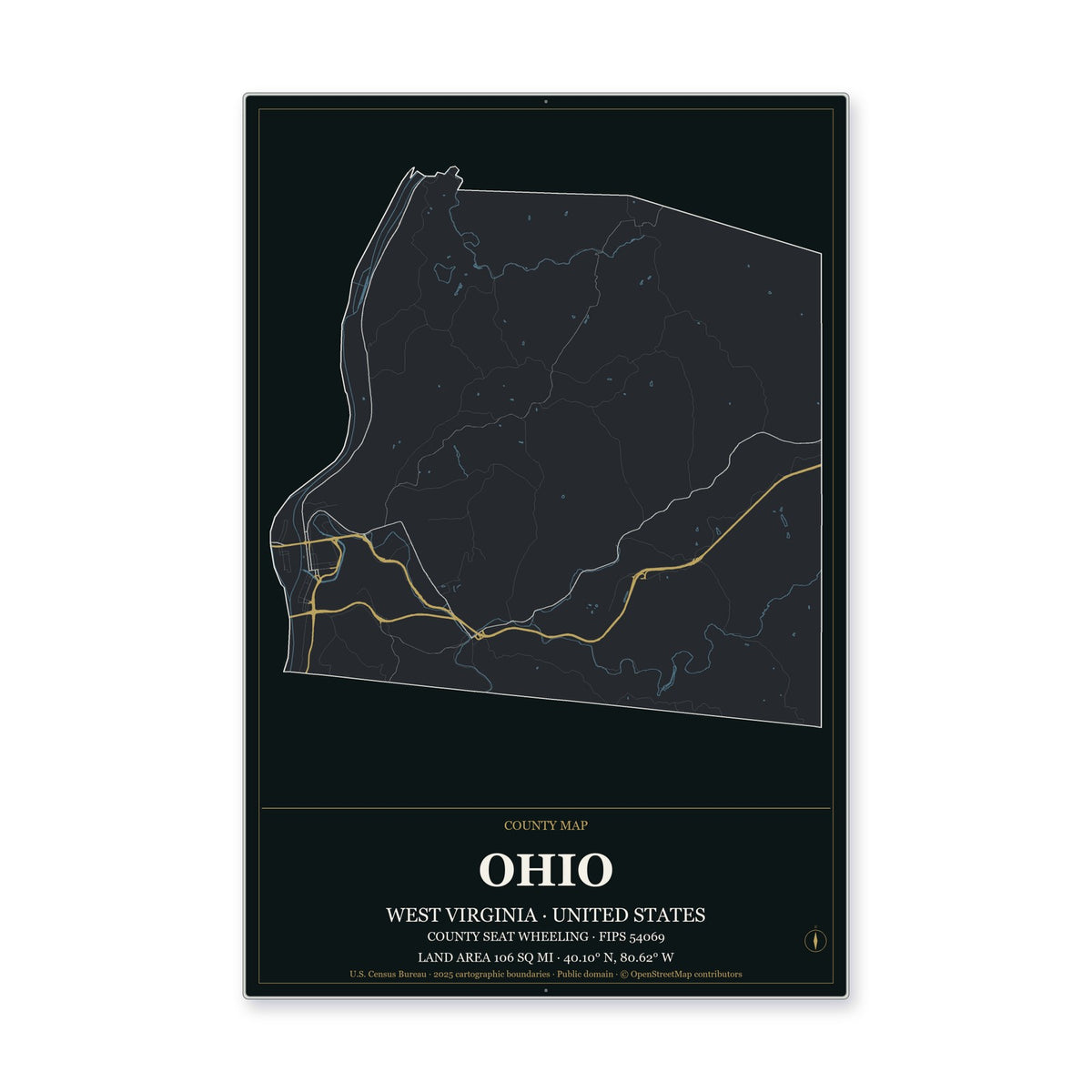 Ohio County, West Virginia Map Aluminum Sign in Metropolitan Noir style