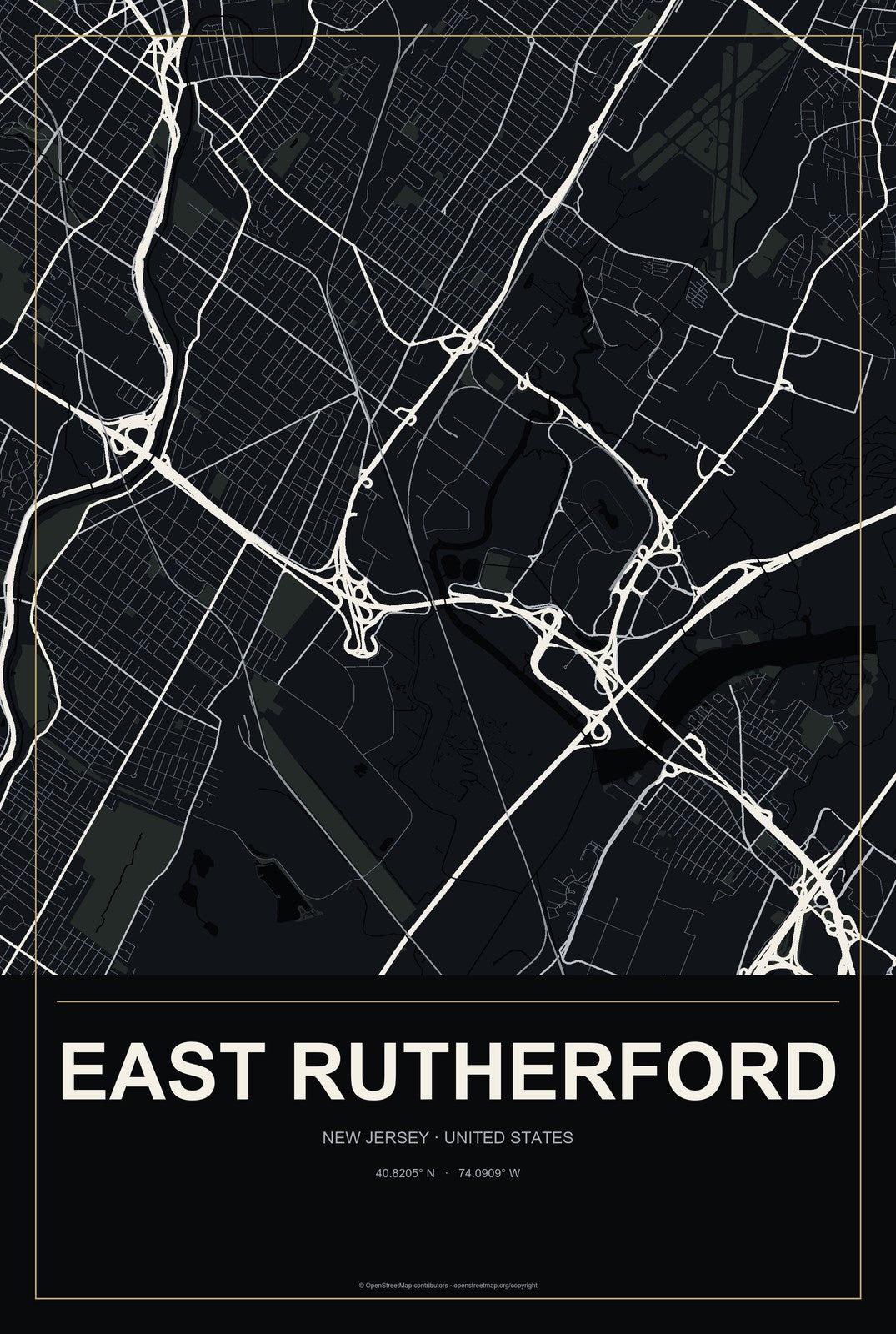 East Rutherford, New Jersey City Map Aluminum Sign in Metropolitan Noir style