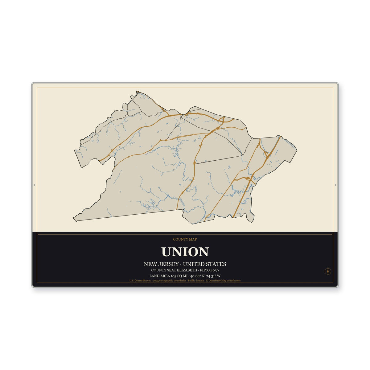 Union County, New Jersey Map Aluminum Sign in Museum Plaque style
