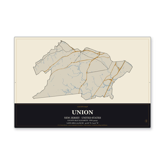 Union County, New Jersey Map Aluminum Sign in Museum Plaque style