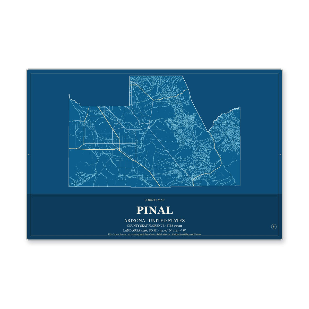 Pinal County, Arizona Map Aluminum Sign in Harbor Cobalt style