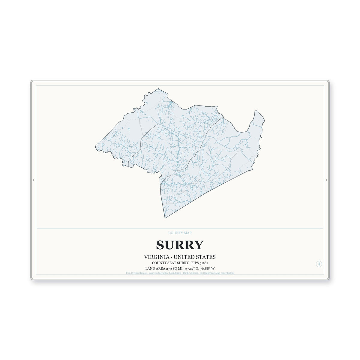 Surry County, Virginia Map Aluminum Sign in Gallery Air style