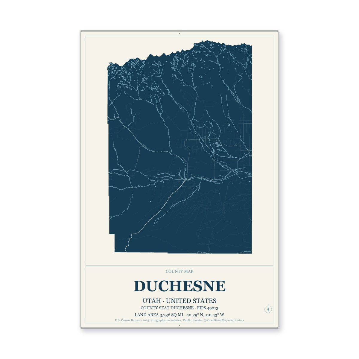 Duchesne County, Utah Map Aluminum Sign in Coastal Cutout style