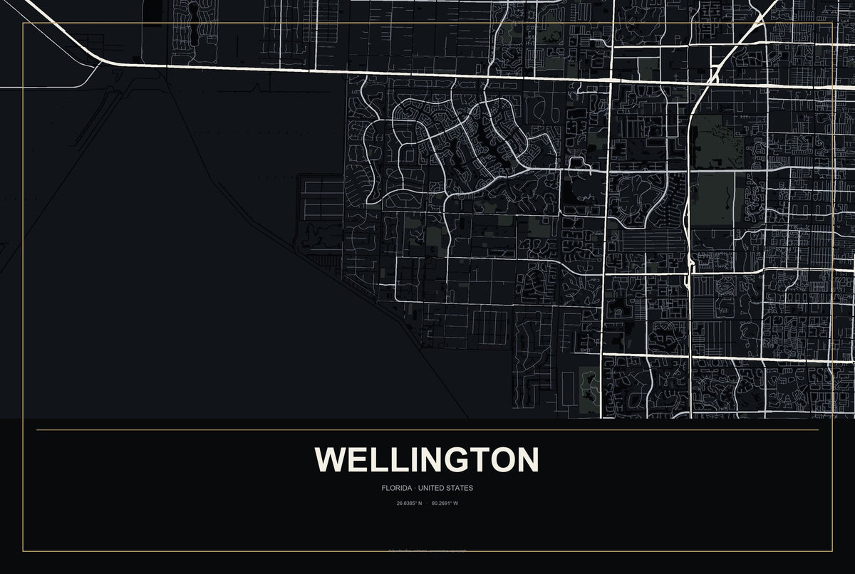 Wellington, Florida City Map Aluminum Sign in Metropolitan Noir style