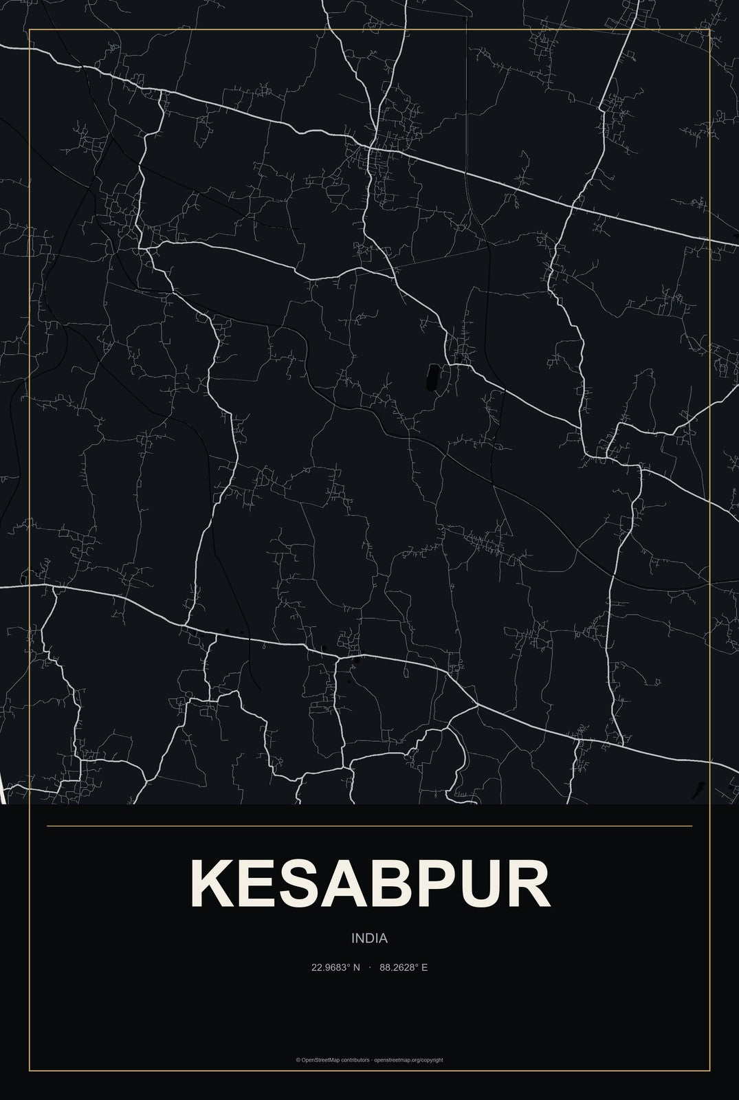 Kesabpur, India City Map Aluminum Sign in Metropolitan Noir style