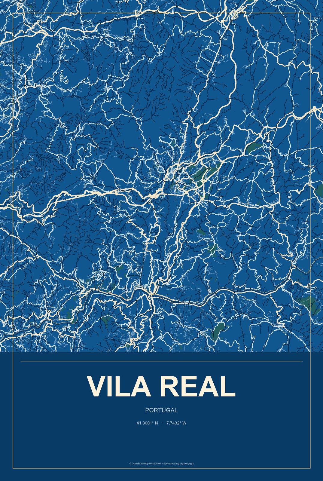 Vila Real, Portugal City Map Aluminum Sign in Harbor Cobalt style